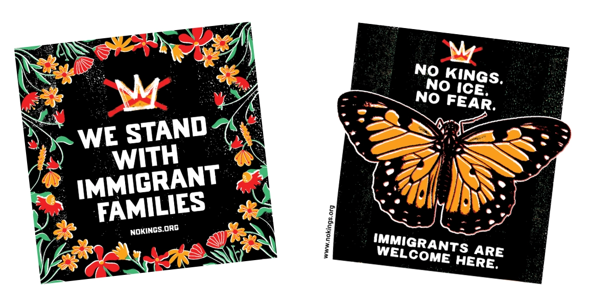 Two Signs of Solidarity posters featuring floral designs with messages supporting immigrant families