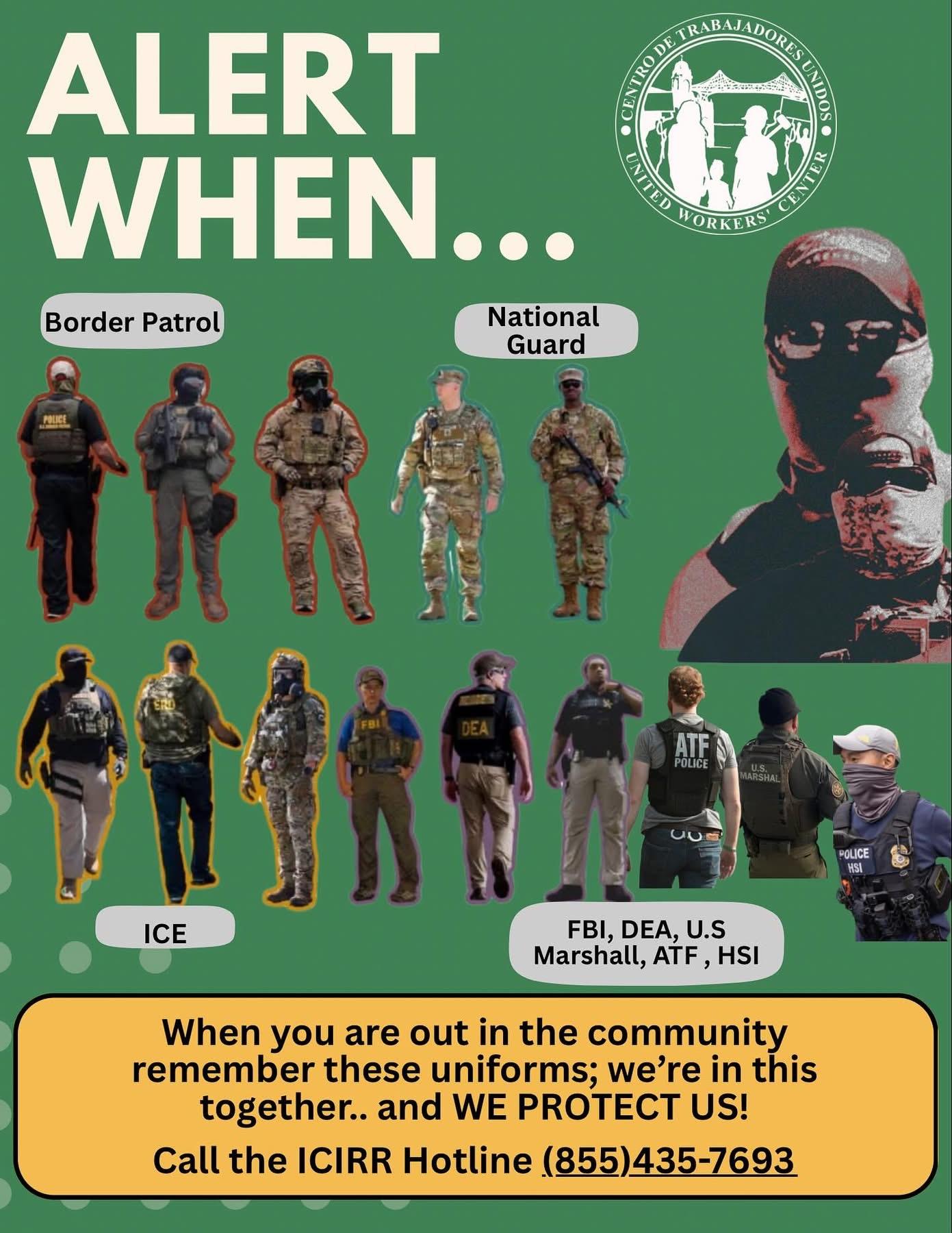 Infographic titled &lsquo;Alert When&hellip;&rsquo; showing labeled photos of agents from Border Patrol, National Guard, ICE, FBI, DEA, U.S. Marshals, ATF, and HSI in their typical uniforms and tactical gear