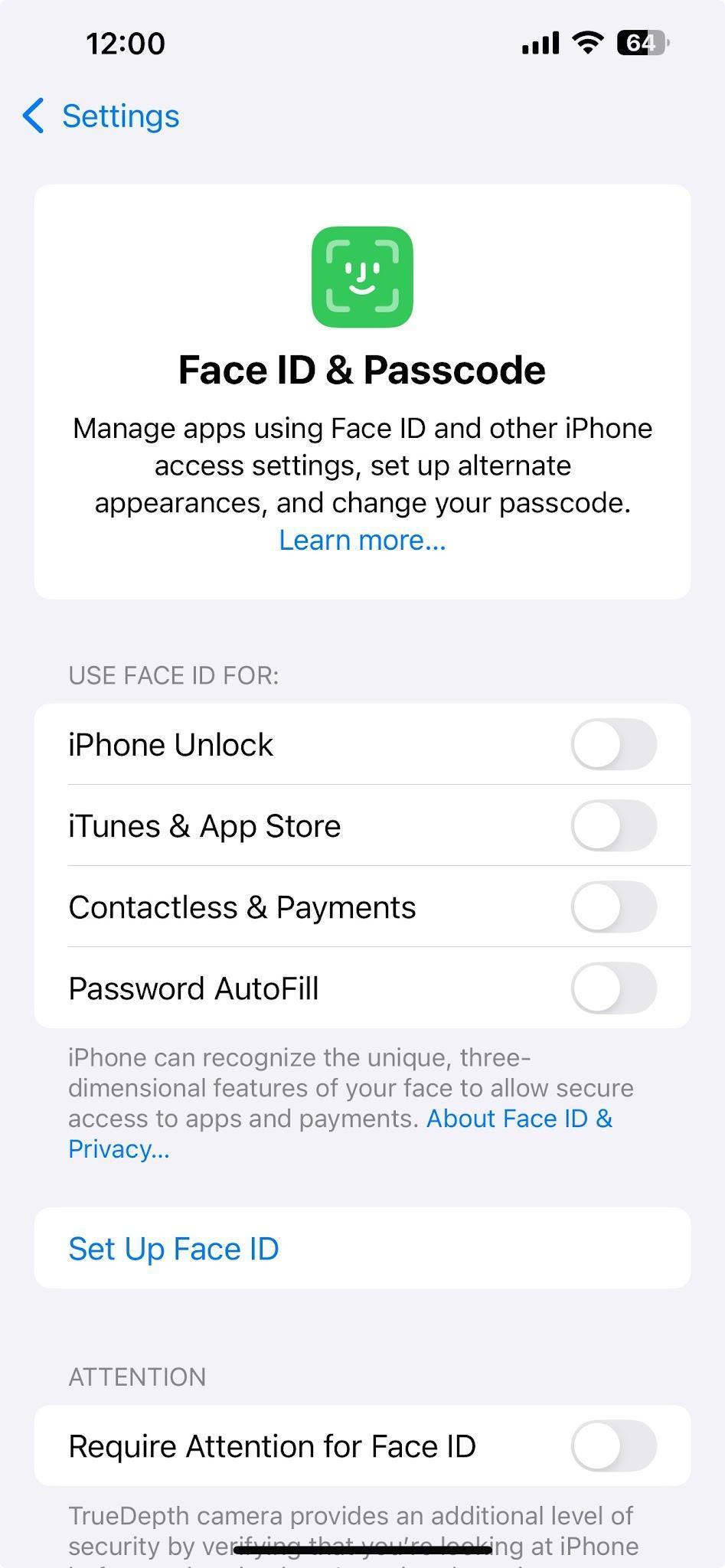 iPhone Face ID and Passcode settings screen showing all Use Face ID For toggles switched off